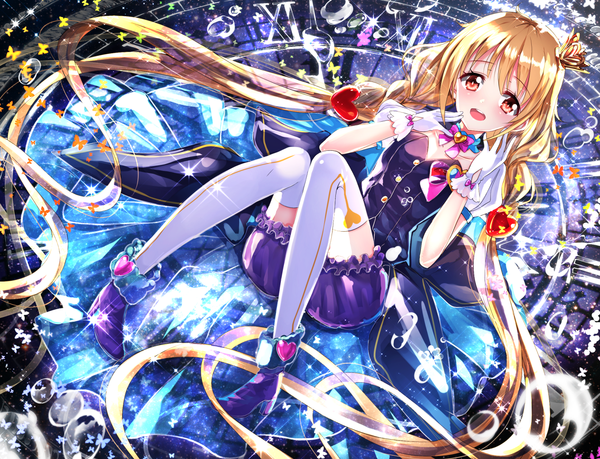 Anime picture 1440x1102 with idolmaster idolmaster cinderella girls futaba anzu swordsouls single looking at viewer blush fringe open mouth blonde hair red eyes twintails payot full body very long hair low twintails happy star!! girl thighhighs