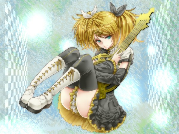 Anime picture 1042x781 with vocaloid meltdown (vocaloid) kagamine rin kagamine rin (meltdown) single short hair light erotic blonde hair twintails green eyes short twintails checkered girl thighhighs dress hair ornament black thighhighs boots hairclip guitar