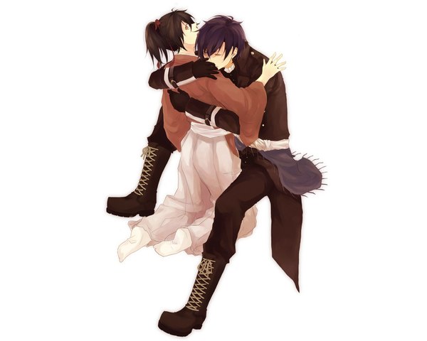 Anime picture 1920x1536 with hakuouki shinsengumi kitan studio deen saito hajime chizuru yukimura sara666 (roentgen666) highres short hair black hair simple background white background yellow eyes purple hair ponytail eyes closed japanese clothes looking back from behind couple hug girl