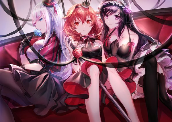 Anime picture 1200x848 with idol memories la yucho hoshi nanami kajiwara miku imi fumei long hair looking at viewer fringe short hair blue eyes light erotic black hair smile hair between eyes sitting purple eyes bare shoulders multiple girls silver hair red hair