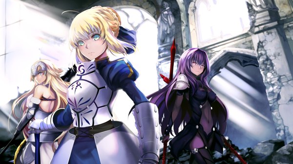 Anime picture 1500x844 with fate (series) fate/grand order fate/stay night fate/apocrypha artoria pendragon (all) saber jeanne d'arc (fate) (all) scathach (fate) (all) scathach (fate) jeanne d'arc (fate) ep (emio parn) long hair looking at viewer blush fringe breasts blue eyes blonde hair smile wide image