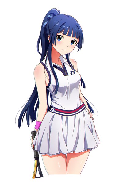 Anime picture 1933x2989 with idolmaster idolmaster million live! mogami shizuka ayano yuu (sonma 1426) single long hair tall image looking at viewer blush highres blue eyes simple background standing white background bare shoulders payot blue hair ponytail hand on hip girl