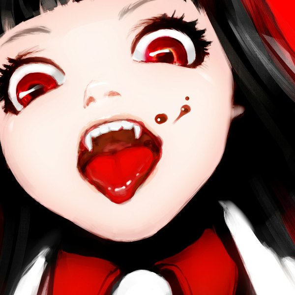 Anime picture 918x918 with hellsing alucard (hellsing) girlycard sapon244 single long hair looking at viewer fringe open mouth black hair red eyes teeth fang (fangs) looking down close-up face pale skin vampire genderswap blood stains