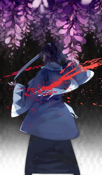 Anime picture 701x1200 with touken ranbu nitroplus yamato no kami yasusada lyodi (artist) single tall image short hair standing purple hair eyes closed long sleeves traditional clothes from behind wide sleeves blood stains shinsengumi boy flower (flowers) weapon plant (plants)