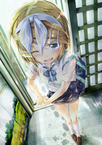 Anime picture 1200x1695 with vocaloid kagamine rin daidou (demitasse) single tall image blush short hair open mouth blue eyes blonde hair one eye closed wink wet wet clothes wet shirt wringing clothes girl skirt hair ornament miniskirt