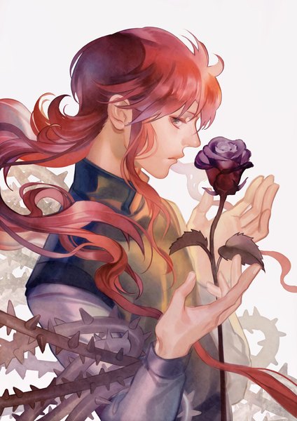 Anime picture 707x1000 with yu yu hakusho kurama tsuntsun (pixiv) single long hair tall image looking at viewer white background upper body red hair traditional clothes profile black eyes floating hair boy flower (flowers) rose (roses) thorns black rose