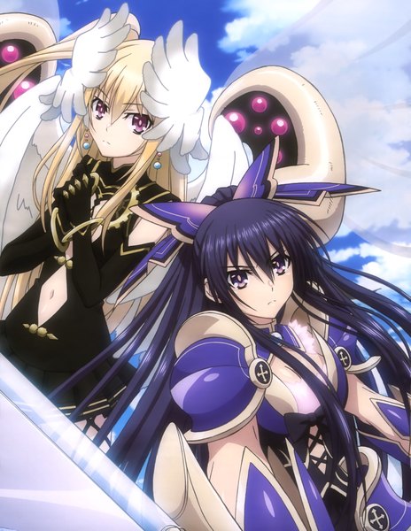 Anime picture 3153x4074 with date a live yatogami tooka mayuri (date a live) long hair tall image looking at viewer fringe highres black hair blonde hair hair between eyes purple eyes multiple girls absurdres official art girl hair ornament weapon 2 girls sword