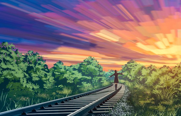 Anime picture 2800x1800 with original liwei191 single long hair highres black hair sky from behind blurry spread arms walking girl dress plant (plants) tree (trees) boots black dress thigh boots grass railroad tracks