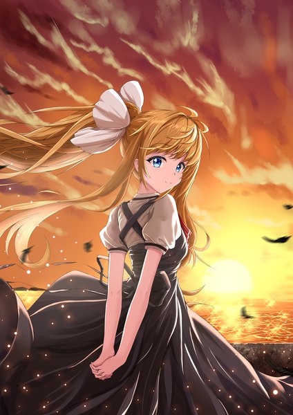 Anime picture 2893x4092 with air key (studio) kamio misuzu shailiar single long hair tall image looking at viewer fringe highres blue eyes smile standing payot sky cloud (clouds) ahoge outdoors ponytail looking back