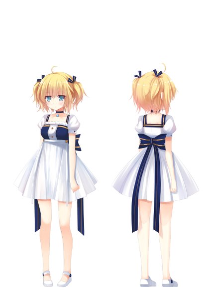 Anime picture 849x1200 with original aixioo tall image short hair blue eyes blonde hair simple background white background dual persona girl dress bow hair bow sundress