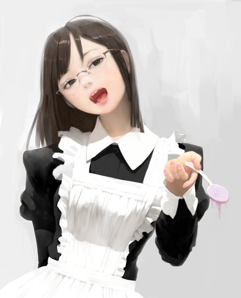Anime picture 892x1102 with original mujiha (mlog) single long hair tall image open mouth simple background brown hair looking away upper body black eyes grey background maid outstretched arm arm behind back girl uniform glasses apron spoon