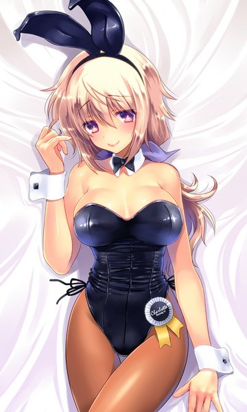 Anime picture 500x832 with infinite stratos 8bit charles dunois 108 gou single long hair tall image blush light erotic blonde hair purple eyes animal ears bunny ears character names girl pantyhose bowtie wrist cuffs collar leotard