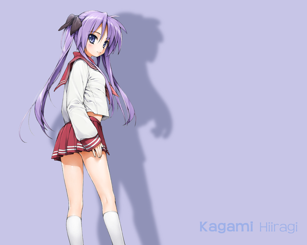 Anime picture 1280x1024 with lucky star kyoto animation hiiragi kagami looking at viewer blush simple background twintails purple hair profile pleated skirt bare legs girl skirt miniskirt socks serafuku white socks