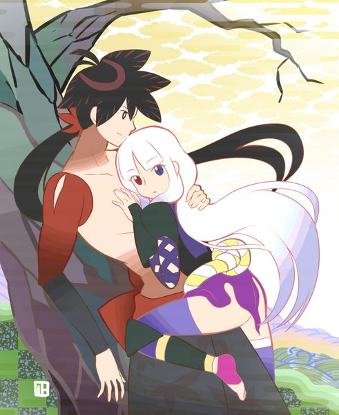 Anime picture 1200x1466 with katanagatari white fox togame yasuri shichika nagian long hair tall image light erotic smile brown hair signed cloud (clouds) white hair ponytail profile no shoes couple hug heterochromia girl