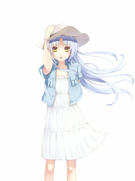 Anime picture 747x1000 with angel beats! key (studio) tachibana kanade uttt single long hair tall image looking at viewer blush open mouth simple background white background yellow eyes blue hair girl dress hat