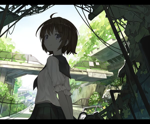 Anime picture 1400x1157 with original orda single looking at viewer short hair brown hair purple eyes signed ahoge letterboxed hands behind back scenic girl uniform plant (plants) tree (trees) serafuku bridge