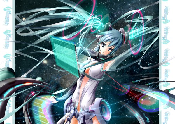 Anime picture 3508x2480 with vocaloid vocaloid append hatsune miku hatsune miku (append) garyljq highres twintails absurdres green hair space girl mecha