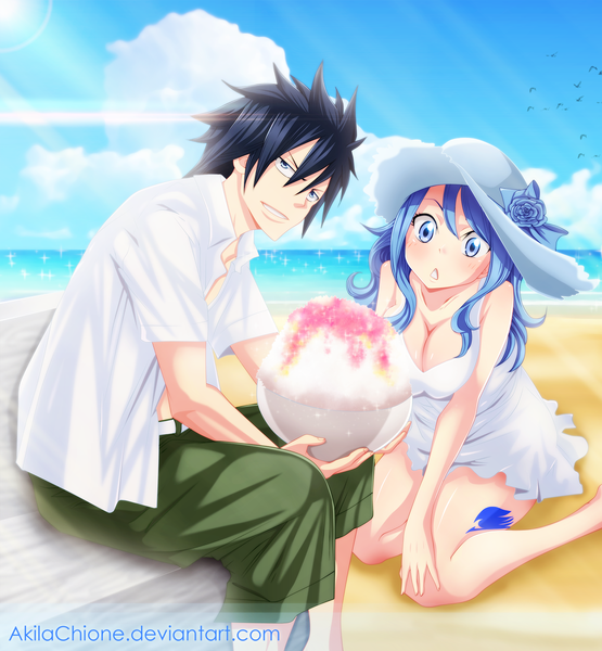Anime picture 1500x1622 with fairy tail gray fullbuster juvia lockser akilachione long hair tall image blush short hair blue eyes black hair smile blue hair sky cloud (clouds) sunlight open clothes tattoo open shirt beach grin