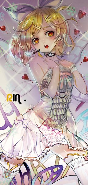 Anime picture 874x1819 with vocaloid kagamine rin crab d single tall image blush short hair open mouth blonde hair bare shoulders yellow eyes looking away inscription teeth sparkle hand on chest singing girl thighhighs dress