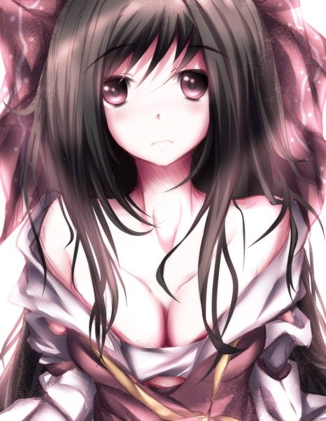 Anime picture 1400x1800 with touhou hakurei reimu pino (straight) single long hair tall image light erotic black hair cleavage black eyes girl
