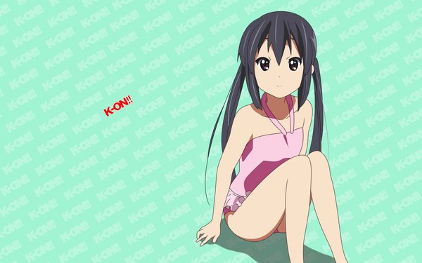 Anime picture 1920x1200 with k-on! kyoto animation nakano azusa single long hair highres black hair simple background wide image twintails brown eyes girl swimsuit