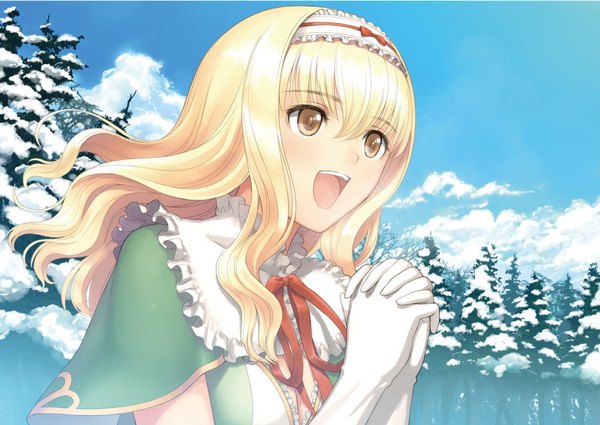 Anime picture 1817x1288 with shining (series) shining wind elmina (shining wind) tony taka single long hair highres open mouth blonde hair yellow eyes looking away :d official art winter snow interlocked fingers girl dress gloves plant (plants)