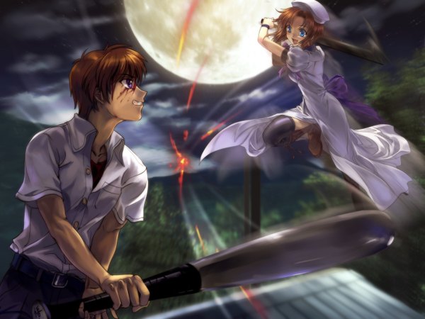 Anime picture 1280x960 with higurashi no naku koro ni studio deen ryuuguu rena maebara keiichi mutsuki (moonknives) fringe short hair open mouth blue eyes smile brown hair standing purple eyes looking away sky cloud (clouds) bent knee (knees) profile blurry night