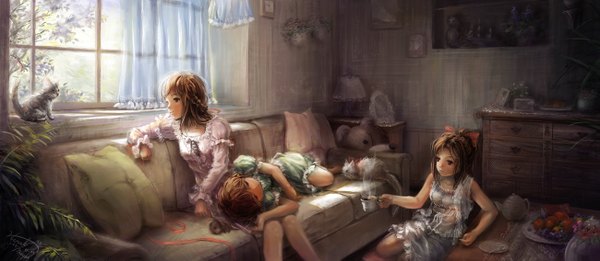 Anime picture 1300x567 with original hiiro (artist) short hair brown hair wide image sitting multiple girls brown eyes signed lying girl bow ribbon (ribbons) hair bow window pillow 3 girls cat couch teddy bear