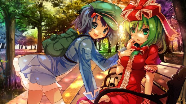 Anime picture 1920x1080 with touhou kagiyama hina kawashiro nitori spirtie highres short hair open mouth blue eyes wide image multiple girls green eyes blue hair green hair girl dress bow 2 girls plant (plants) hair bow tree (trees)