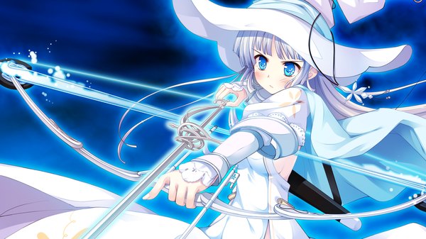 Anime picture 1280x720 with witch's garden yukimura suzuno ko~cha single long hair blush blue eyes wide image game cg white hair girl dress weapon witch hat bow (weapon)