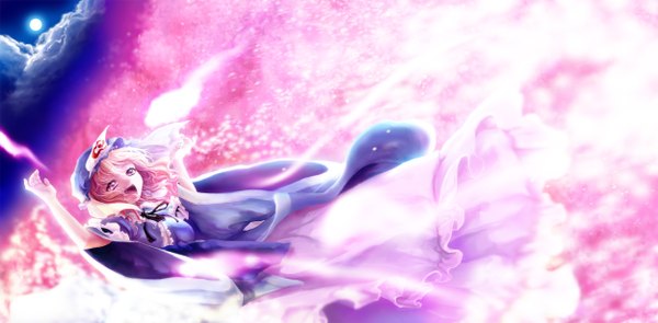 Anime picture 2500x1232 with touhou saigyouji yuyuko inuboe single highres short hair wide image pink hair sky cloud (clouds) japanese clothes pink eyes girl ribbon (ribbons) hat petals moon