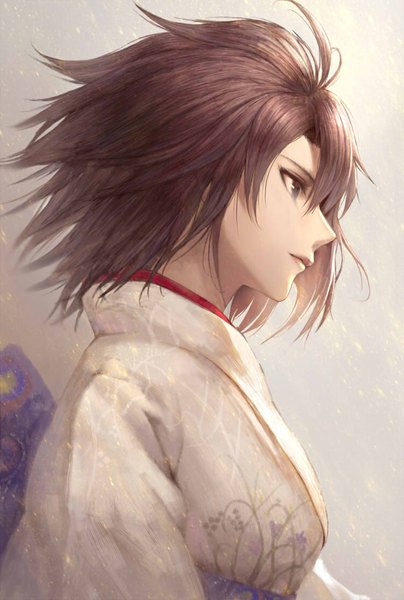 Anime picture 750x1112 with kara no kyoukai type-moon ryougi shiki hisahisahisahisa single tall image fringe short hair simple background hair between eyes brown hair standing looking away ahoge upper body traditional clothes japanese clothes profile wind lips