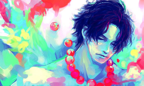 Anime picture 1277x771 with one piece toei animation portgas d. ace tsuyomaru single short hair black hair wide image eyes closed freckles boy beads