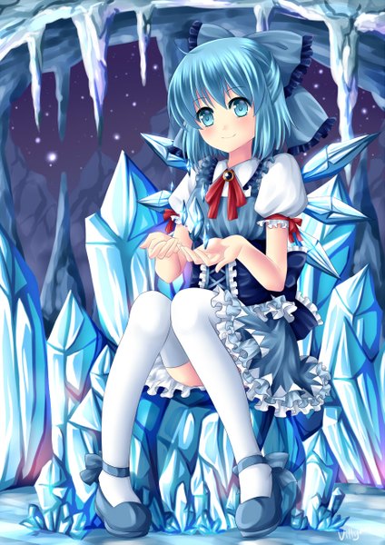 Anime picture 909x1285 with touhou cirno villyane single tall image blush short hair blue eyes smile sitting blue hair girl thighhighs dress bow hair bow white thighhighs wings frills ice