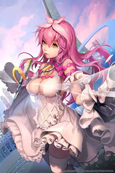 Anime picture 600x900 with original kkuem single long hair tall image fringe breasts open mouth light erotic large breasts yellow eyes looking away pink hair sky cloud (clouds) girl thighhighs dress white thighhighs white dress