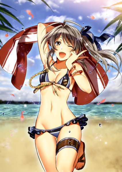 Anime picture 2100x2970 with valkyria chronicles anisette nelson honjou raita single long hair tall image blush highres open mouth light erotic brown eyes one eye closed grey hair wink scan midriff beach girl navel swimsuit
