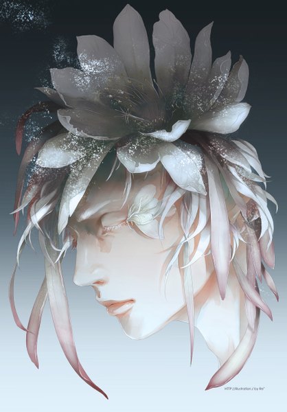 Anime picture 876x1258 with original re (artist) tall image short hair white hair eyes closed profile hair flower inscription gradient background boy hair ornament flower (flowers) petals