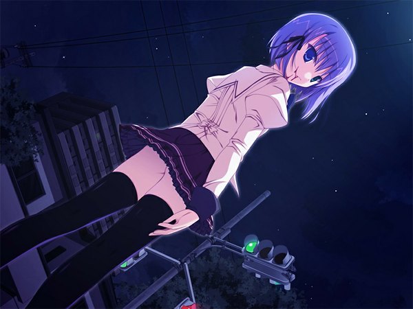 Anime picture 1024x768 with sacred vampire (game) short hair blue eyes game cg purple hair from behind night from below girl thighhighs uniform ribbon (ribbons) black thighhighs hair ribbon school uniform blood star (stars) traffic lights