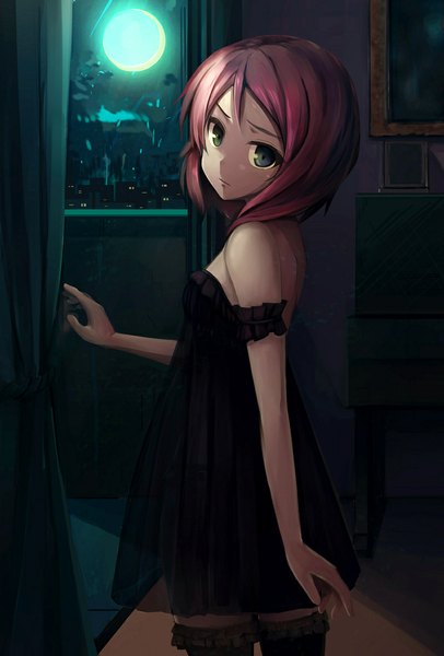 Anime picture 800x1181 with love live! school idol project sunrise (studio) love live! nishikino maki rods single tall image short hair blue eyes bare shoulders purple hair looking back girl thighhighs dress black thighhighs window moon