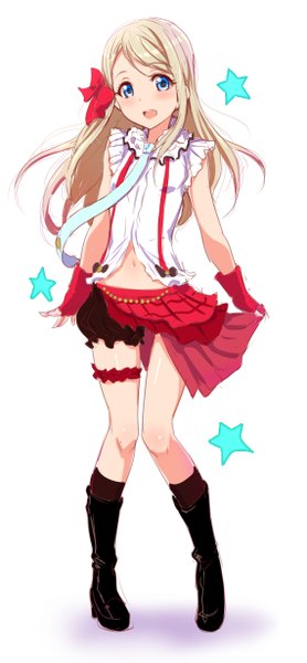 Anime picture 570x1227 with love live! school idol project sunrise (studio) love live! ayase arisa clearite single long hair tall image looking at viewer blush open mouth blue eyes simple background blonde hair smile white background girl gloves bow hair bow