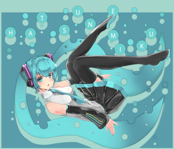 Anime picture 1120x960 with vocaloid hatsune miku opta single looking at viewer open mouth twintails full body very long hair aqua eyes aqua hair character names girl skirt detached sleeves miniskirt headphones
