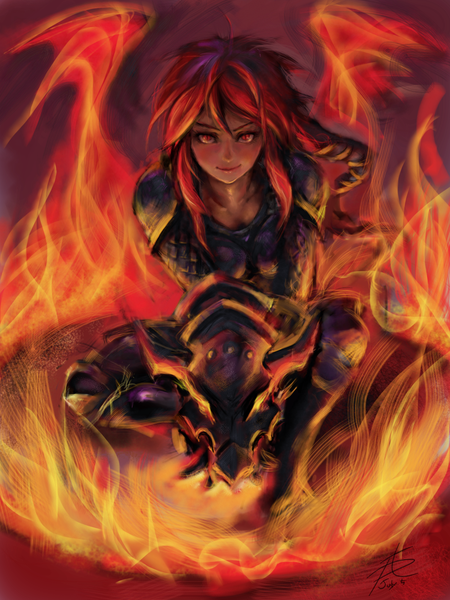 Anime picture 1536x2048 with league of legends shyvana (league of legends) phantom (ptcrow) single long hair tall image looking at viewer smile red eyes signed red hair girl armor flame