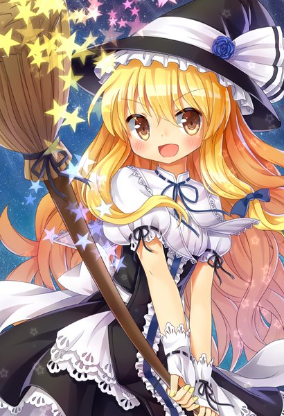 Anime picture 1500x2190 with touhou kirisame marisa silveroid single tall image blush open mouth blonde hair yellow eyes witch girl dress star (symbol) witch hat broom