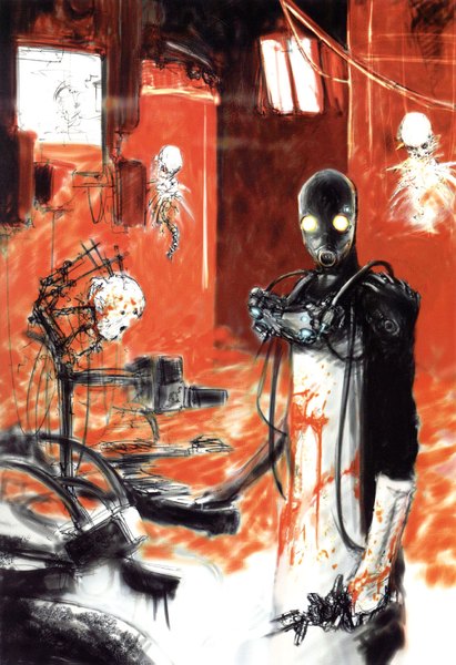 Anime picture 1114x1623 with hellboy (movie) nihei tsutomu single tall image wallpaper glowing glowing eye (eyes) skeleton boy gloves blood apron mask wire (wires)