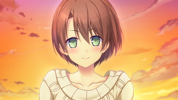 Anime picture 1280x720 with kanojo step yanagi asuka single looking at viewer blush short hair brown hair wide image green eyes game cg sky cloud (clouds) evening sunset girl sweater