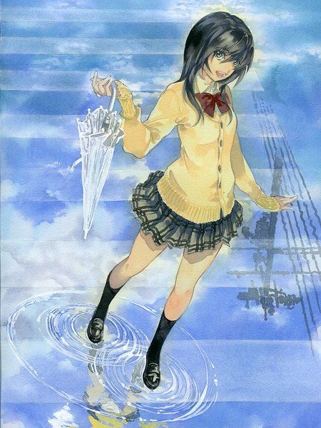 Anime picture 768x1024 with original issun boushi (ilmtkimoti) single long hair tall image looking at viewer open mouth blue eyes black hair sky cloud (clouds) reflection traditional media closed umbrella watercolor (medium) girl skirt uniform bow school uniform