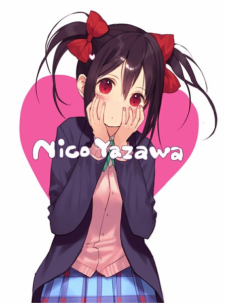 Anime picture 853x1144 with love live! school idol project sunrise (studio) love live! yazawa nico kitada mo single tall image looking at viewer blush short hair black hair simple background red eyes white background twintails character names short twintails hands on face girl uniform