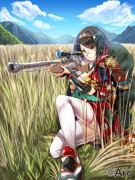 Anime picture 675x900 with original beniimo danshaku single tall image looking at viewer short hair black hair brown eyes sky cloud (clouds) traditional clothes japanese clothes mountain girl thighhighs weapon white thighhighs glasses hairband kimono