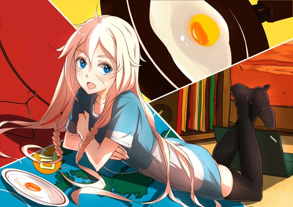 Anime picture 1000x707 with vocaloid ia (vocaloid) phantania single long hair blush open mouth blue eyes blonde hair looking away braid (braids) no shoes twin braids girl thighhighs black thighhighs food fried eggs