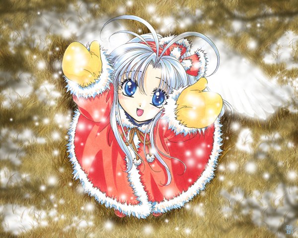 Anime picture 1280x1024 with mamotte shugogetten! shugogetten shaolin from above snowing winter snow girl wings mittens
